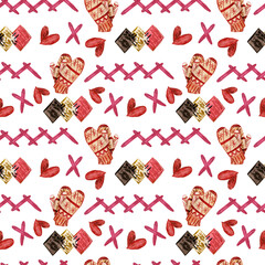 Seamless pattern with knitted woolen mittens, buttons, embroidered ornaments. Watercolor illustrations, on the theme of knitting, hand-drawn, winter handicraft background. print on fabric,hobby boxes.