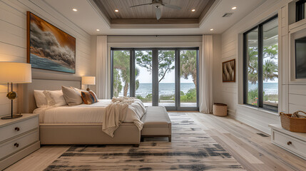 Bedroom - Beach house - wrm white with stained wood trim - meticulous symmetry - coastal design - casual flair - windows