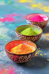 Vibrant Collection of Powdered Holi Colors in Traditional Bowls on Dark Background