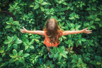 Young Girl Embracing Nature Surrounded by Lush Greenery in Daylight