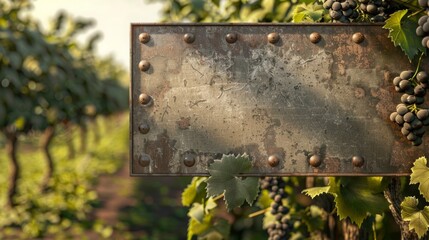 Blank mockup of a vintageinspired metal wine vineyard entrance sign with embossed lettering and a...