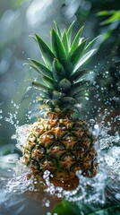 Fresh Pineapple Splashed With Water on a Reflective Surface