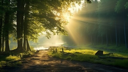 Landscape of spring forest in backlight. Morning rays of sun in frame at dawn in picturesque forest - obrazy, fototapety, plakaty