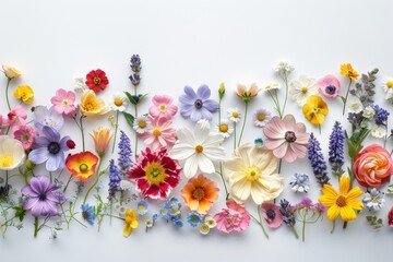 Assorted vibrant flowers arranged on white background. colorful flowers meticulously arranged on a white backdrop displaying a brilliant spectrum of colors and showcasing a variety of species