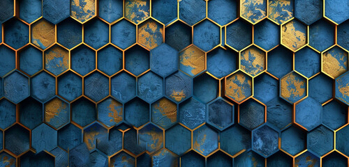  Indigo hexagons and golden brilliance intertwine, forming a sophisticated geometric backdrop. - obrazy, fototapety, plakaty