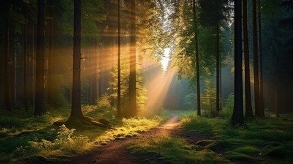Landscape of spring forest in backlight. Morning rays of sun in frame at dawn in picturesque forest - obrazy, fototapety, plakaty