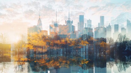 A double exposure of a city skyline juxtaposed with a serene natural landscape drawing attention to the challenge of balancing the needs of a bustling economy with environmental concerns. . - obrazy, fototapety, plakaty