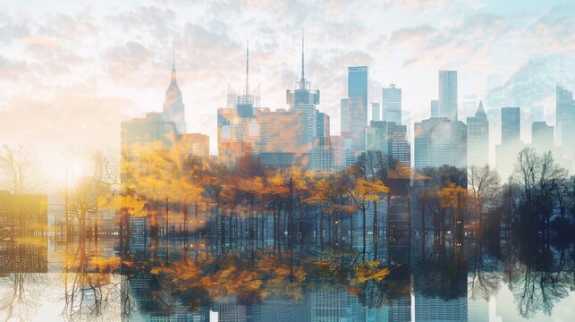 A double exposure of a city skyline juxtaposed with a serene natural landscape drawing attention to the challenge of balancing the needs of a bustling economy with environmental concerns. .