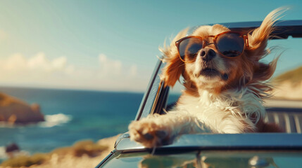 Adventurous dog in shades driving a convertible along the coast wind in fur embodying freedom and joy - obrazy, fototapety, plakaty