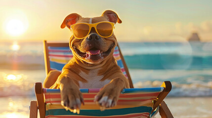 Chill pup in sunnies on a beach chair sunset over the ocean behind capturing the serene end to a perfect day