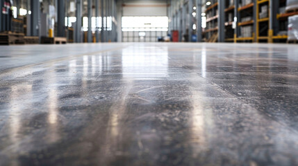 Close up on the polished concrete floor of a large warehouse showing the contrast between industrial strength and elegance