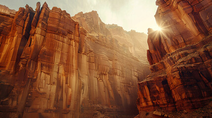 Close up on the sunlit canyon walls each layer telling a story of ages past golden light highlighting their majesty