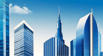Image of Modern skyscrapers of a smart city, graphic perspective of buildings and reflections, Architectural blue background for corporate and business brochure template, blue