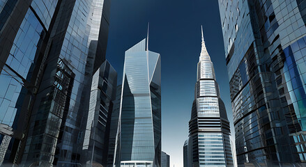 Image of Modern skyscrapers of a smart city, graphic perspective of buildings and reflections, Architectural blue background for corporate and business brochure template, build