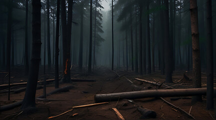 Forest slaughter, Deforestation of trees through excessive illegal cutting, Environmental destruction increasing climate change and global warming, dark them,  foresting - obrazy, fototapety, plakaty
