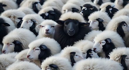 A black sheep among a flock of white sheep, raising head, Concept of standing out from the crowd, of being different and unique with its own identity, concept image, white - obrazy, fototapety, plakaty