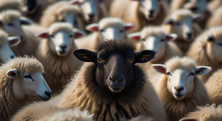 A black sheep among a flock of white sheep, raising head, Concept of standing out from the crowd, of being different and unique with its own identity, concept image, sheeps