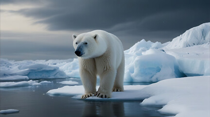 Polar bear threatened by climate change and global warming, trying to survive on melting ice, in spectacular snowy landscape, dark surroundings, bear