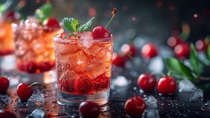 Close up of a cocktail featuring cherries, ice, and liquid on a table