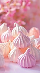 Meringue kisses in a delicate arrangement, soft pastel background, wide angle, fresh to Adobe , golden hour lighting