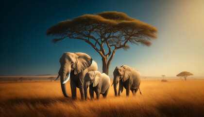 Three African elephants walking in the golden grass of the savannah. They are grazing peacefully with a solitary acacia tree - obrazy, fototapety, plakaty