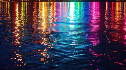 reflections of colorful lights on calm water