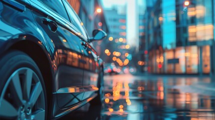 A car is parked on a wet street in a city, Generative AI