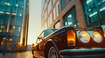 A black car is parked in front of a tall building, Generative AI
