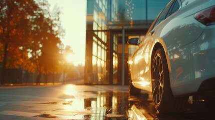 The car is reflecting the sun's rays, creating a warm and inviting atmosphere, Generative AI
