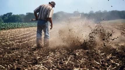 Foto op Plexiglas A farmer spreads compost over a field of soybeans promoting healthy soil for both the crop and surrounding plant and animal life. . © Justlight