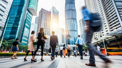 Obraz premium Blurred businesspeople walking at modern city with city scape background, Generative AI