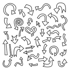 Set of black, hand drawn, doodle spiral arrows.