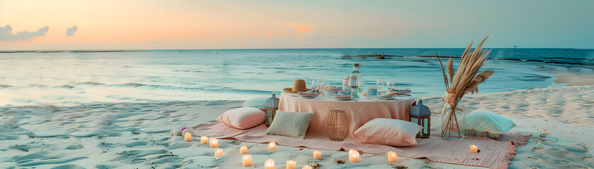 A beach scene with a table set up with candles and a vase of flowers. Scene is romantic and peaceful