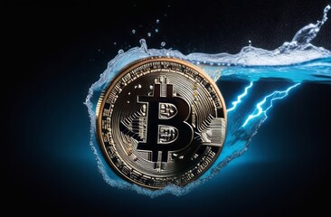 Dark, night abstract fantasy landscape, bitcoin and lightning. Underwater shooting, Bitcoin ETF coin with yellow lightning with space for text on a background. Reflection of BTC in water, sea, ocean