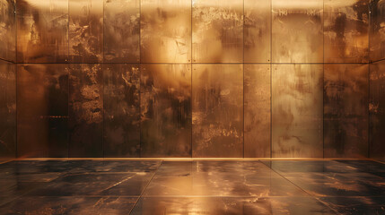 A large, empty room with gold walls and a shiny floor. The room is empty and has a very modern and sleek look to it