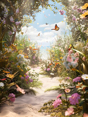 A beautiful garden with a path leading to the beach. The flowers are in full bloom and the...