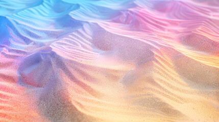 A colorful sand dune with a rainbow of colors. The sand is a mix of yellow, pink, and blue