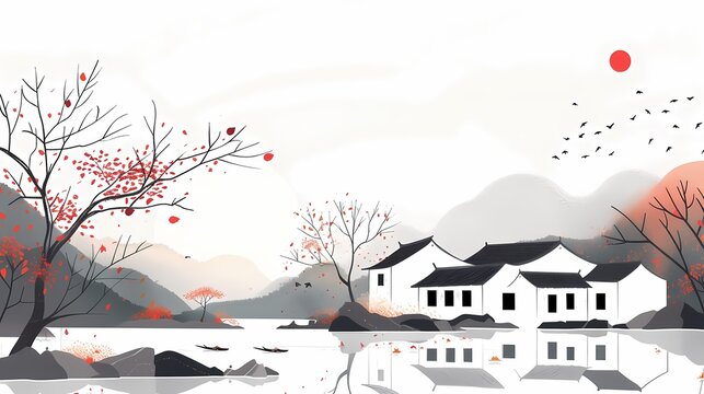 Minimalist ink Jiangnan late autumn illustration poster background