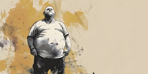 Overweight Male Character Inspired by Fitness Magazine Artwork in Grunge Ink Style with Copy Space