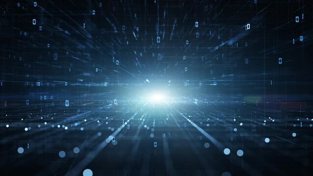 Futuristic digital computer network cyberspace road with blurred binary numbers loop animation background.