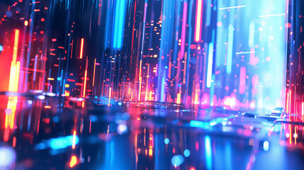 Futuristic cityscape illuminated by neon blue and red lights with reflections.