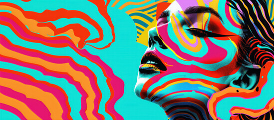 Woman's face with colorful abstract lines and patterns against a teal background.
