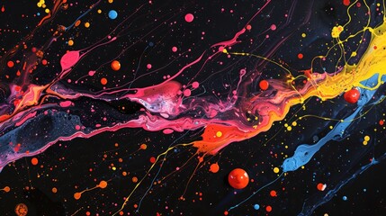 Ultraviolet fluorescent paint splatters on a black canvas