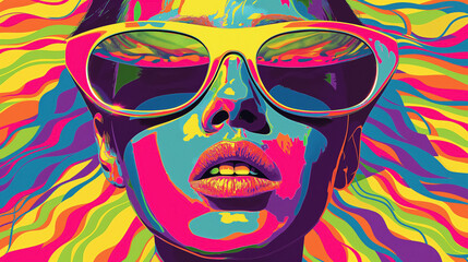 Woman with sunglasses and a vivid, colorful wave pattern in the background.