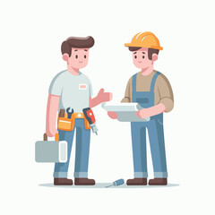 Vector illustration of two male workers planning the construction of a building. Design for international labor day.