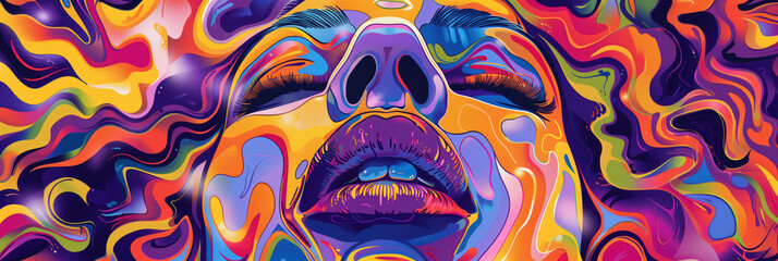 Woman&rsquo;s face surrounded by flowing waves of colorful, abstract patterns.
