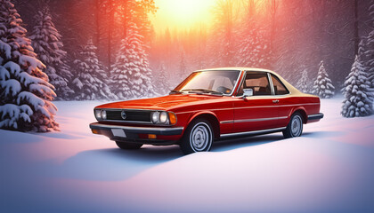 Fototapeta na wymiar Vintage Red Car in Snowy Forest at Sunset