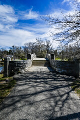 stairs and bridges in  spring's delicate dance unfolds in this captivating close-up of cherry blossoms against a clear blue sky, heralding the season's renewal