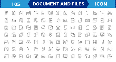 Set of file and document Icons. Simple line art style icons pack. Vector illustration, such as files, checkmark, find, search, paper.