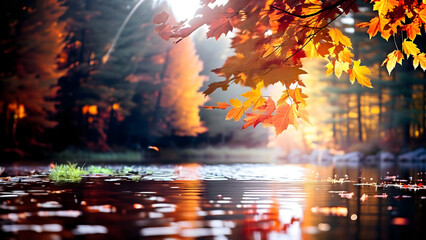 Autumn scene with maple leaves on blury background, Ai Generated 